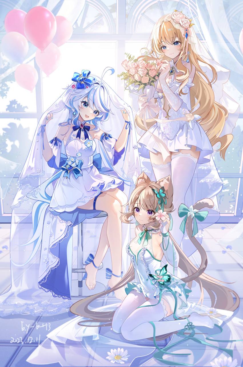 3girls absurdres alternate_costume animal_ear_fluff animal_ears ankle_bow anklet armlet balloon bare_shoulders barefoot blonde_hair blue_bow blue_bowtie blue_eyes blue_hair bouquet bow bowtie breasts bridal_gauntlets bridal_veil brown_hair butterfly_hair_ornament cat_ears cat_girl cat_tail closed_mouth collar dated detached_collar detached_sleeves dress elbow_gloves facial_tattoo feet flower frills full_body furina_(genshin_impact) genshin_impact gloves green_bow green_bowtie green_ribbon hair_bow hair_flower hair_ornament hair_ribbon hat high_heels highres holding holding_bouquet jewelry large_breasts light_blue_hair long_hair looking_at_flowers lynette_(genshin_impact) miaogujun multicolored_hair multiple_girls navia_(genshin_impact) on_ground pendant pink_flower pink_rose purple_eyes ribbon rose short_dress short_sleeves signature sitting skirt sleeveless sleeveless_dress smile star_tattoo strapless strapless_dress streaked_hair tail tattoo thigh_strap thighhighs toes veil very_long_hair wariza wedding_dress white_collar white_dress white_footwear white_gloves white_hair white_skirt white_thighhighs yellow_flower yellow_rose zettai_ryouiki