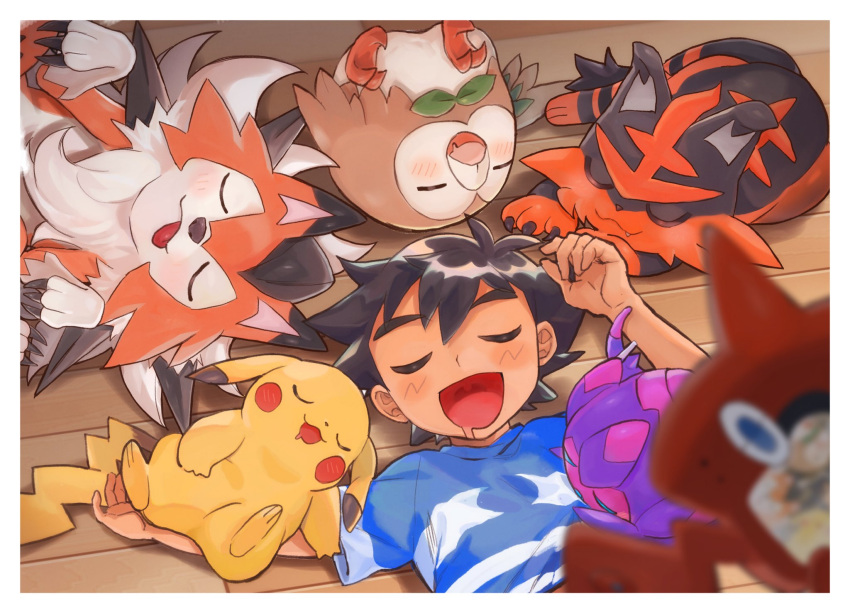 1boy :d abe_(kumayu) ash_ketchum black_hair blurry blurry_foreground blush border closed_eyes commentary_request hands_up highres lycanroc lycanroc_(dusk) lying male_focus on_back open_mouth pikachu poipole pokemon pokemon_(anime) pokemon_(creature) pokemon_sm_(anime) rotom rotom_dex rowlet shirt short_hair short_sleeves sleeping smile striped striped_shirt t-shirt torracat white_border wooden_floor