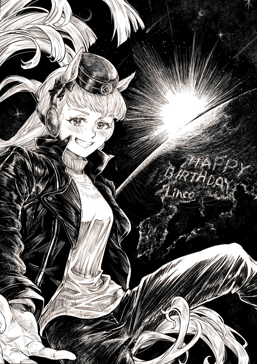 1girl animal_ears blush bow breasts ear_bow earth_(planet) feet_out_of_frame floating_hair gold_ship_(umamusume) greyscale grin happy_birthday hat highres horse_ears horse_girl horse_tail jacket jean_jdw leather leather_jacket long_hair long_sleeves looking_at_viewer monochrome open_clothes open_jacket pants planet reaching reaching_towards_viewer shirt shooting_star small_breasts smile solo space star_(sky) tail umamusume