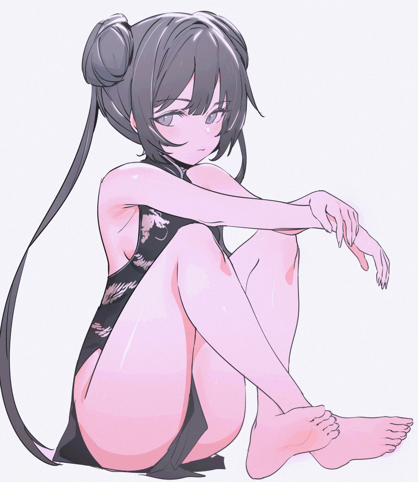 1girl absurdres bare_shoulders black_dress black_hair blue_archive blush breasts china_dress chinese_clothes crossed_ankles crossed_wrists ddari double_bun dragon_print dress elbows_on_knees expressionless green_eyes hair_bun highres kisaki_(blue_archive) knees_up long_hair looking_at_viewer pelvic_curtain petite print_dress side_slit sideboob simple_background sitting sleeveless sleeveless_dress small_breasts solo twintails white_background
