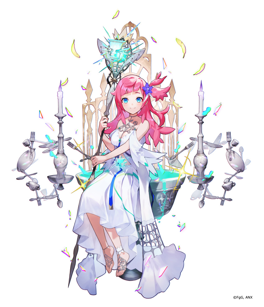 1girl absurdres aster_tatarix bare_shoulders barefoot_sandals blue_eyes blunt_bangs blush breasts candle candlestand character_request clothing_cutout collarbone collared_shirt cup dress eyelashes falling_feathers feet floating floating_object flower fork full_body hair_flower hair_ornament hakasesuitchi highres holding holding_staff knife long_dress long_hair looking_at_viewer medium_breasts navel_cutout no_shoes off-shoulder_dress off_shoulder one_side_up pink_hair plate purple_flower shirt sitting smile solo sparkle staff teacup toes water white_dress