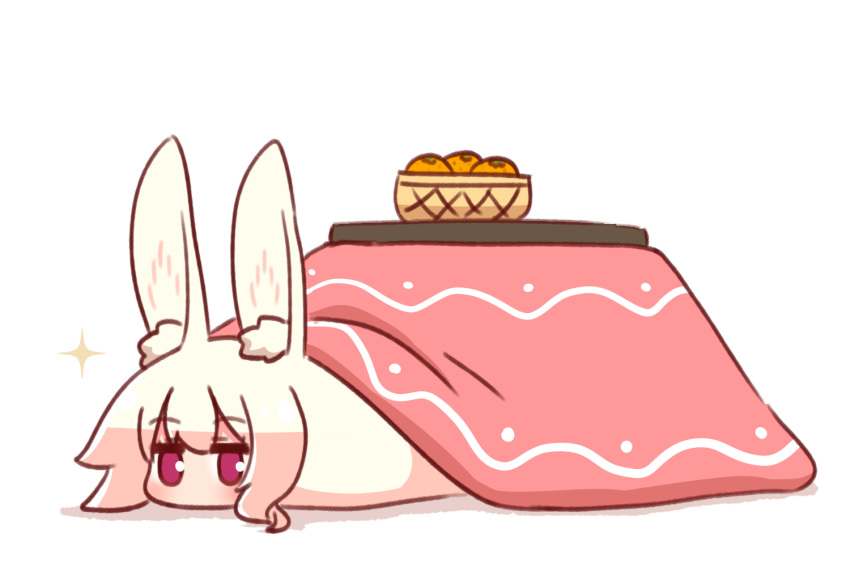 1girl animal_ear_fluff animal_ears basket food fruit hair_between_eyes kemomimi-chan_(naga_u) kotatsnail kotatsu mandarin_orange naga_u no_mouth original rabbit_ears rabbit_girl red_eyes sidelocks simple_background solo table under_kotatsu under_table white_background white_hair