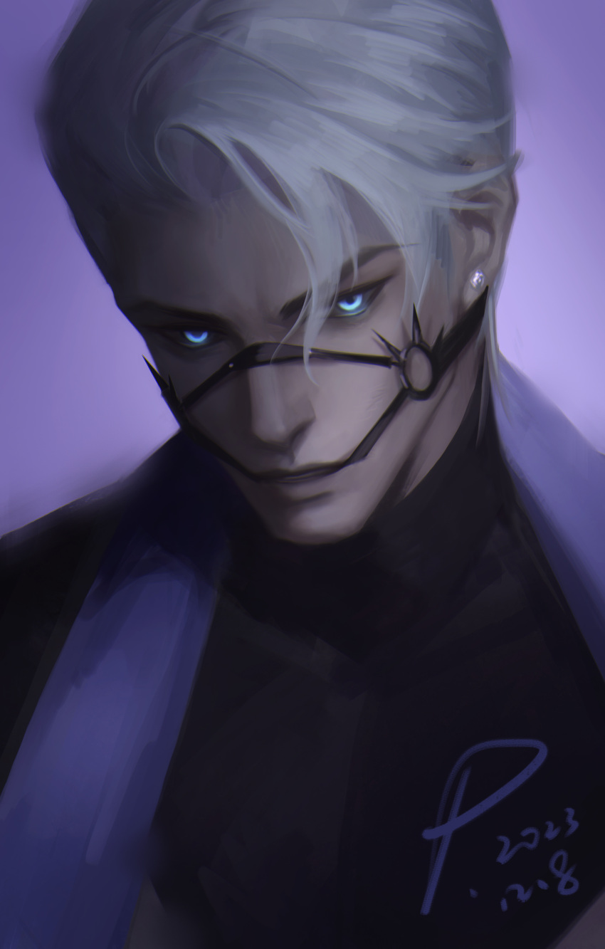 1boy absurdres blue_eyes dated earrings expressionless gradient_background highres jewelry league_of_legends looking_at_viewer male_focus piscina portrait purple_background short_hair signature simple_background solo white_hair zed_(league_of_legends)