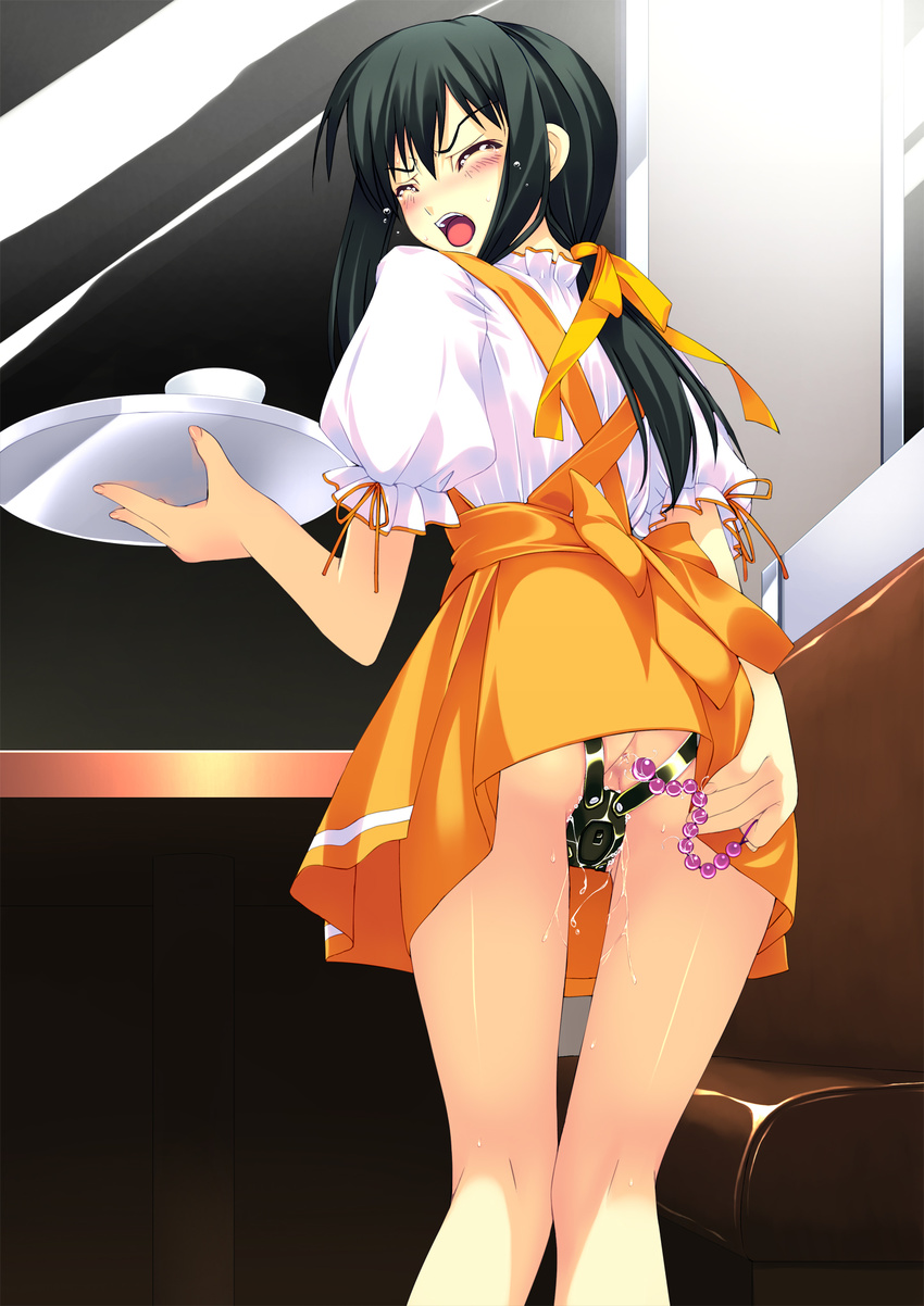 anal anal_beads anna_miller apron bangs black_hair blush closed_eyes dildo dildo_harness eyebrows_visible_through_hair f-ism fingernails from_behind highres holding holding_tray indoors kneepits long_hair low_ponytail murakami_suigun object_insertion open_mouth orange_ribbon orange_skirt original public_vibrator puffy_short_sleeves puffy_sleeves ribbon short_sleeves skirt solo sweat tears tray vaginal vibrator waitress