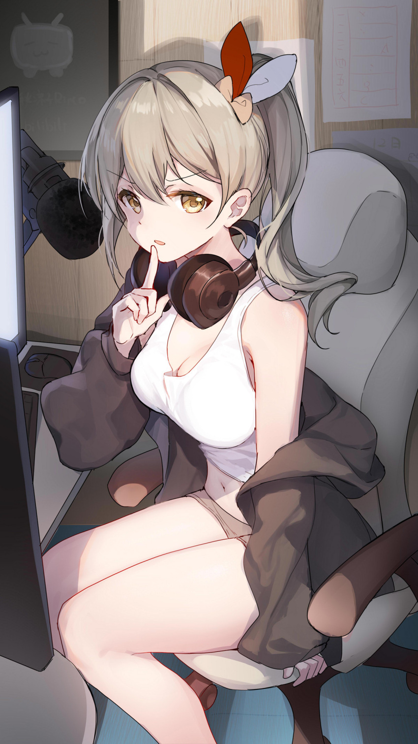 1girl bare_legs bare_shoulders bison_cangshu black_jacket breasts brown_shorts chair cleavage computer crop_top feet_out_of_frame finger_to_mouth gaming_chair grey_hair hair_ribbon hand_up headphones headphones_around_neck highres index_finger_raised jacket long_hair long_sleeves looking_at_viewer medium_breasts micro_shorts midriff navel off_shoulder open_clothes open_jacket open_mouth original ponytail ribbon shirt shorts shushing sitting sleeveless sleeveless_shirt solo stomach swivel_chair tank_top thighs v-shaped_eyebrows white_shirt yellow_eyes