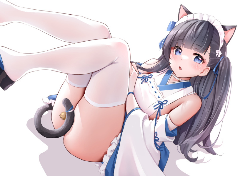 1girl absurdres animal_ears azur_lane bell black_hair blue_eyes blush cat_ears cat_girl classic_(zildjian33) detached_sleeves hair_ribbon hatsuharu_(azur_lane) hatsuharu_(hatsuharu's_cat_cafe_caper)_(azur_lane) highres japanese_clothes jingle_bell knees_together_feet_apart long_hair looking_at_viewer lying maid nontraditional_miko official_alternate_costume open_mouth platform_footwear ribbon shelf tail tail_bell tail_censor tail_ornament two_side_up wa_maid white_background white_sleeves zouri