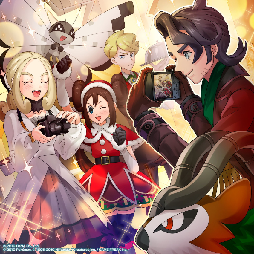 2boys 2girls antennae augustine_sycamore black_hair blonde_hair blue_eyes blush brown_gloves brown_hair butterfly_wings camera christmas closed_eyes commentary_request double_bun dress gloves gogoat green_scarf hair_bun hat highres holding holding_camera holding_tray horns insect_wings kikuya_shirou multiple_boys multiple_girls official_alternate_costume official_art one_eye_closed pokemon pokemon_(creature) pokemon_masters_ex red_dress red_eyes rosa_(holiday_2019)_(pokemon) rosa_(pokemon) santa_hat scarf siebold_(holiday_2019)_(pokemon) siebold_(pokemon) smile sparkle tray viola_(pokemon) vivillon vivillon_(icy_snow) wings