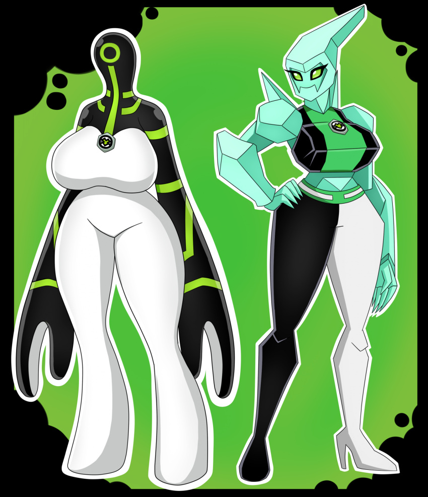 1_eye 2023 5_fingers alien alien_humanoid ben_10 big_breasts black_body blue_body breasts cartoon_network cel_shading clothed clothing diamondhead digital_drawing_(artwork) digital_media_(artwork) duo elemental_creature elemental_humanoid featureless_breasts female fingers galvanic_mechamorph green_background green_eyes hand_on_hip hi_res humanoid midriff mineral_fauna mineral_humanoid outline petrosapien shaded simple_background smile standing upgrade_(ben_10) urusee584 white_body