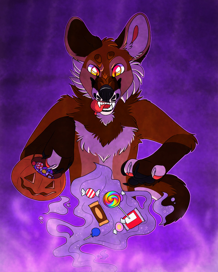 2018 absurd_res akamai_(maligaytor) anthro black_claws black_nose black_pawpads brown_body brown_fur candy canid canine canis cel_shading cheek_tuft claws dessert digital_drawing_(artwork) digital_media_(artwork) eyebrows facial_tuft fangs fluffy_chest food fur gradient_eyes grey_claws half-length_portrait halloween handpaw hi_res holidays hybrid jack-o'-lantern jackal lollipop magic male maligaytor mammal maned_wolf nude pawpads paws pink_eyes pink_gums pink_pawpads pink_tongue pivoted_ears portrait purple_background raised_eyebrow shaded simple_background snarling snout solo tail tan_body tan_fur teeth tongue tongue_out tuft yellow_eyes