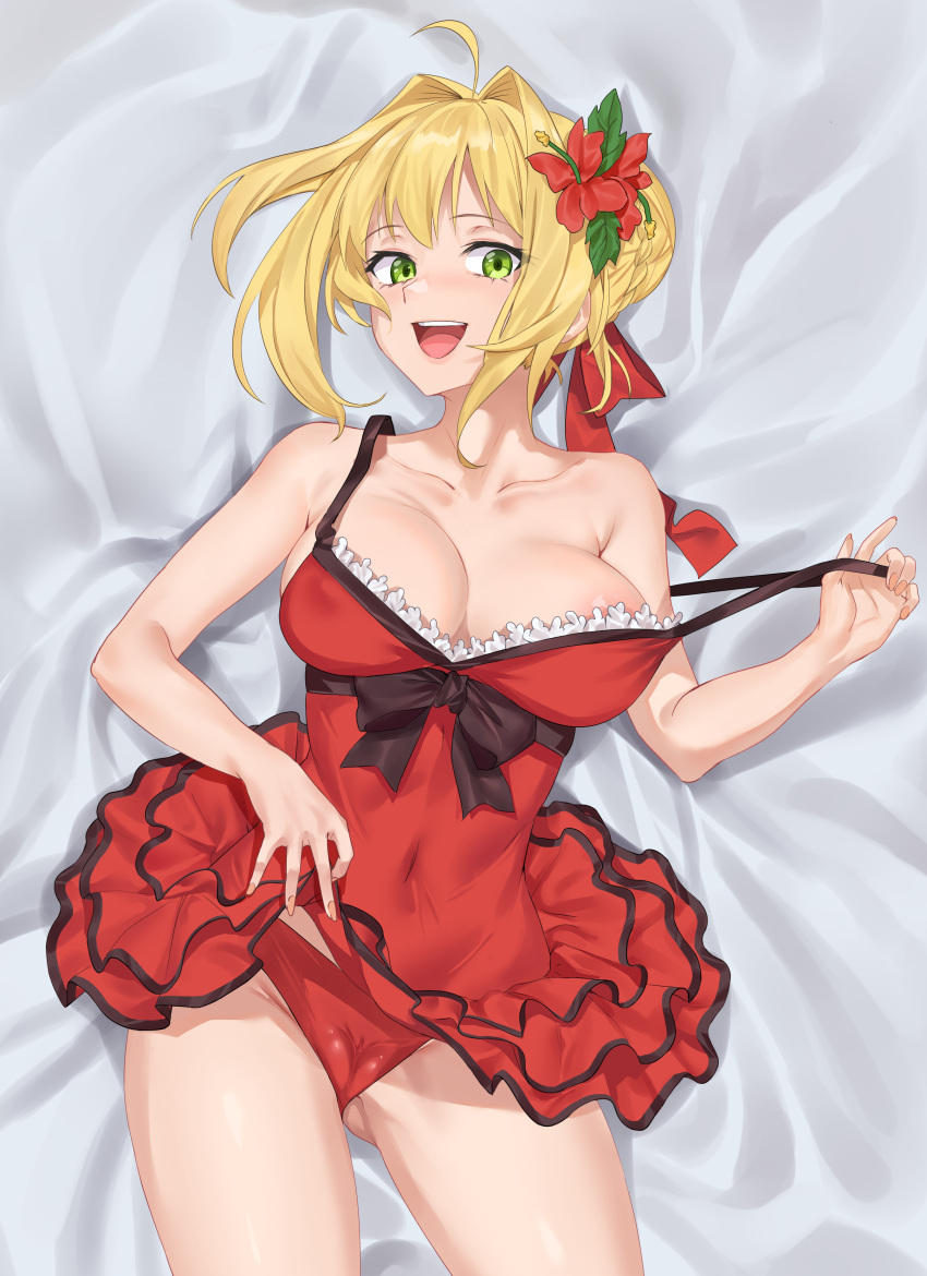 1girl absurdres ahoge bare_shoulders blonde_hair blush braid breasts cameltoe cleavage collarbone das_(dan_dan) dress dress_swimsuit fate/grand_order fate_(series) flower french_braid green_eyes hair_between_eyes hair_bun hair_flower hair_intakes hair_ornament hair_ribbon highres large_breasts long_hair looking_at_viewer nero_claudius_(fate) nero_claudius_(modern_costume_of_crimson)_(fate) panties red_dress red_panties red_ribbon ribbon smile solo swimsuit thighs underwear