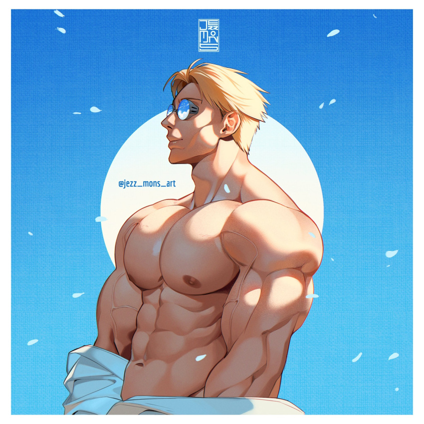 1boy abs artist_name bara blonde_hair closed_mouth goggles highres jezz_mons_art jujutsu_kaisen large_pectorals male_focus muscular muscular_male nanami_kento navel nipples open_clothes open_shirt pectorals shirt short_hair solo twitter_username upper_body white_shirt