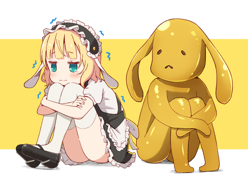 1girl animal_ears apron aqua_eyes black_footwear black_hairband black_skirt blonde_hair blunt_bangs blush closed_mouth commentary_request fake_animal_ears fleur_de_lapin_uniform floppy_ears frilled_apron frilled_hairband frilled_skirt frills full_body gochuumon_wa_usagi_desu_ka? hairband hugging_own_legs kirima_syaro legs_together lolita_hairband looking_to_the_side mary_janes mohei puffy_short_sleeves puffy_sleeves rabbit_ears rabbit_statue scared shirt shoes short_sleeves simple_background sitting skirt solo statue thighhighs thighs trembling two-tone_background waist_apron wavy_hair white_apron white_shirt white_thighhighs