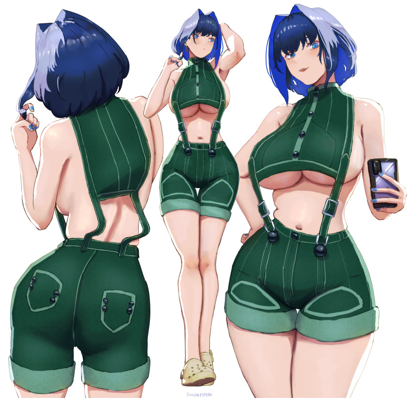 1girl absurdres alternate_costume armpits backboob bare_shoulders blue_eyes blue_hair blue_nails breasts brown_footwear buttons cellphone colored_inner_hair crocs crop_top earrings erasorpepero from_behind green_shirt hair_intakes hair_twirling highres holding holding_phone hololive hololive_english jewelry large_breasts looking_at_viewer midriff multicolored_hair multiple_views nail_polish navel ouro_kronii paid_reward_available phone pocket shirt short_hair shorts sideboob sideless_shirt simple_background smartphone suspender_shorts suspenders underboob virtual_youtuber white_background