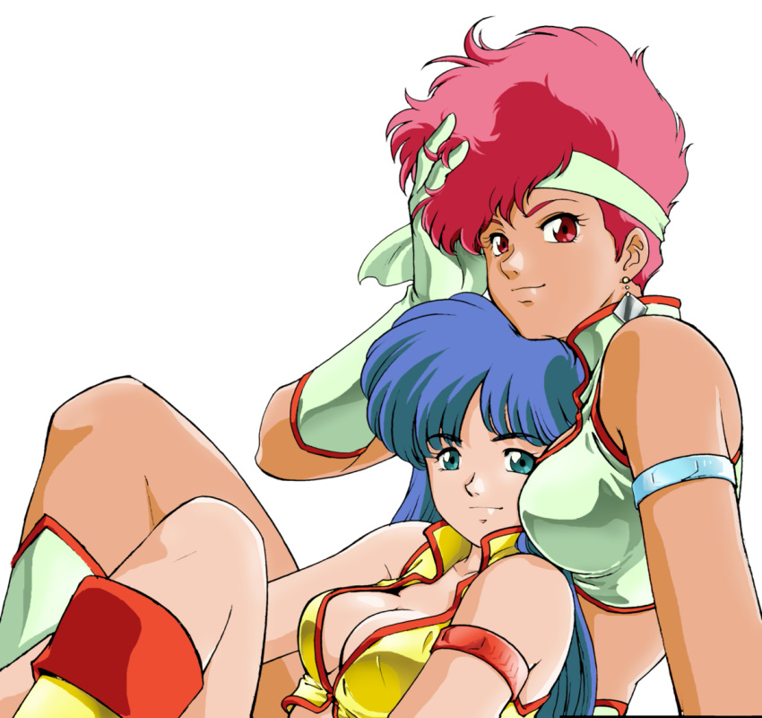 1980s_(style) 2girls armlet between_breasts blue_eyes blue_hair breasts crop_top dirty_pair dokite_tsukasa earrings gloves head_between_breasts headband jewelry kei_(dirty_pair) knee_up light_smile long_hair midriff multiple_girls non-web_source official_art photoshop_(medium) reclining red_eyes red_hair retro_artstyle short_hair simple_background white_background yuri_(dirty_pair)