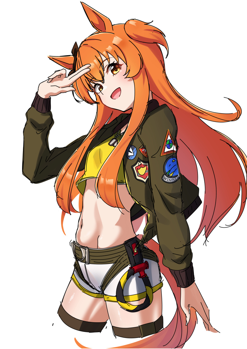 1girl absurdres animal_ears black_bow bomber_jacket bow breasts commentary cowboy_shot ear_bow green_jacket hair_between_eyes harness highres horse_ears horse_girl horse_tail jacket long_hair long_sleeves looking_at_viewer mayano_top_gun_(umamusume) midriff navel orange_eyes orange_hair salute senchan_7 shorts simple_background small_breasts smile solo tail tank_top thigh_strap two-finger_salute two_side_up umamusume white_background white_shorts yellow_tank_top