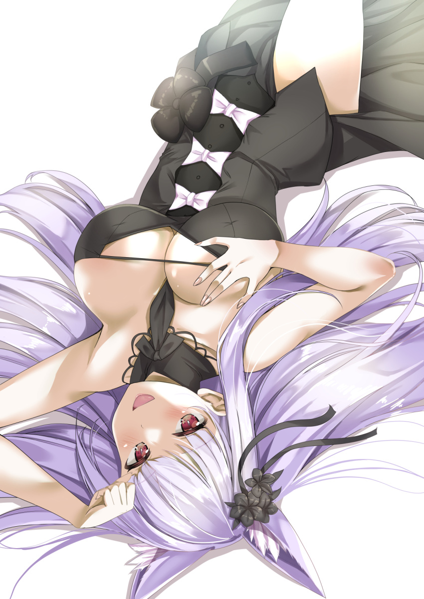 1girl :d animal_ear_fluff animal_ears bare_shoulders black_dress breasts cleavage dress extra_ears flower fox_ears fox_girl hair_flower hair_ornament highres indie_virtual_youtuber kamishiro_natsume kitsune large_breasts long_hair looking_at_viewer lying on_back open_mouth purple_hair red_eyes ryuunagi_hyouga sleeveless sleeveless_dress smile solo virtual_youtuber