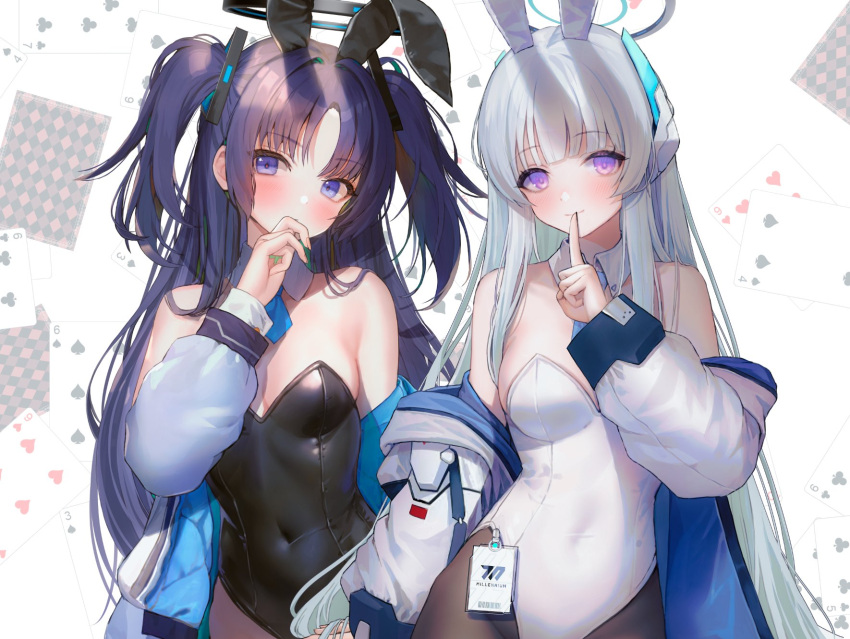 2girls alternate_costume animal_ears bare_shoulders black_leotard black_pantyhose blue_archive blue_eyes blue_necktie blunt_bangs blush breasts closed_mouth collar covered_navel cowboy_shot detached_collar embarrassed fake_animal_ears finger_to_mouth hair_intakes halo hanato_(seonoaiko) hand_up headgear highleg highleg_leotard highres id_card index_finger_raised jacket large_breasts leotard long_hair long_sleeves looking_at_viewer mechanical_halo medium_breasts multiple_girls necktie nervous_sweating noa_(blue_archive) off_shoulder pantyhose parted_bangs playboy_bunny puffy_long_sleeves puffy_sleeves purple_eyes purple_hair rabbit_ears short_necktie short_twintails shushing simple_background smile strapless strapless_leotard sweat thick_thighs thigh_gap thighhighs thighs twintails v-shaped_eyebrows white_background white_collar white_hair white_halo white_jacket white_leotard white_thighhighs wrist_cuffs yuuka_(blue_archive)