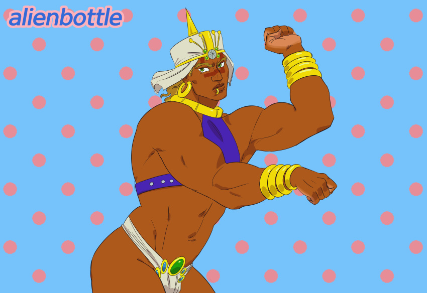 1boy abs absurdres bara battle_tendency blonde_hair dancing dark-skinned_male dark_skin demonicboimike earrings easy_breezy eizouken_ni_wa_te_wo_dasu_na! highres hoop_earrings jewelry jojo_no_kimyou_na_bouken large_pectorals lip_piercing lip_ring loincloth mature_male muscular muscular_male navel nipples parody pectorals piercing simple_background solo stomach tattoo turban wamuu