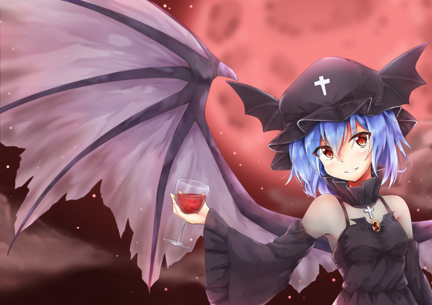 1girl absurdres akiteru98 alternate_costume bangs bare_shoulders bat_wings black_collar black_hat blue_hair breasts brooch collar commentary_request cross cup detached_sleeves drinking_glass eyebrows_visible_through_hair full_moon grin hair_between_eyes hat head_tilt highres holding holding_cup jewelry light_particles long_sleeves looking_at_viewer mob_cap moon night night_sky outdoors red_eyes red_moon remilia_scarlet short_hair sky small_breasts smile solo spaghetti_strap touhou upper_body wide_sleeves wine_glass winged_hat wings
