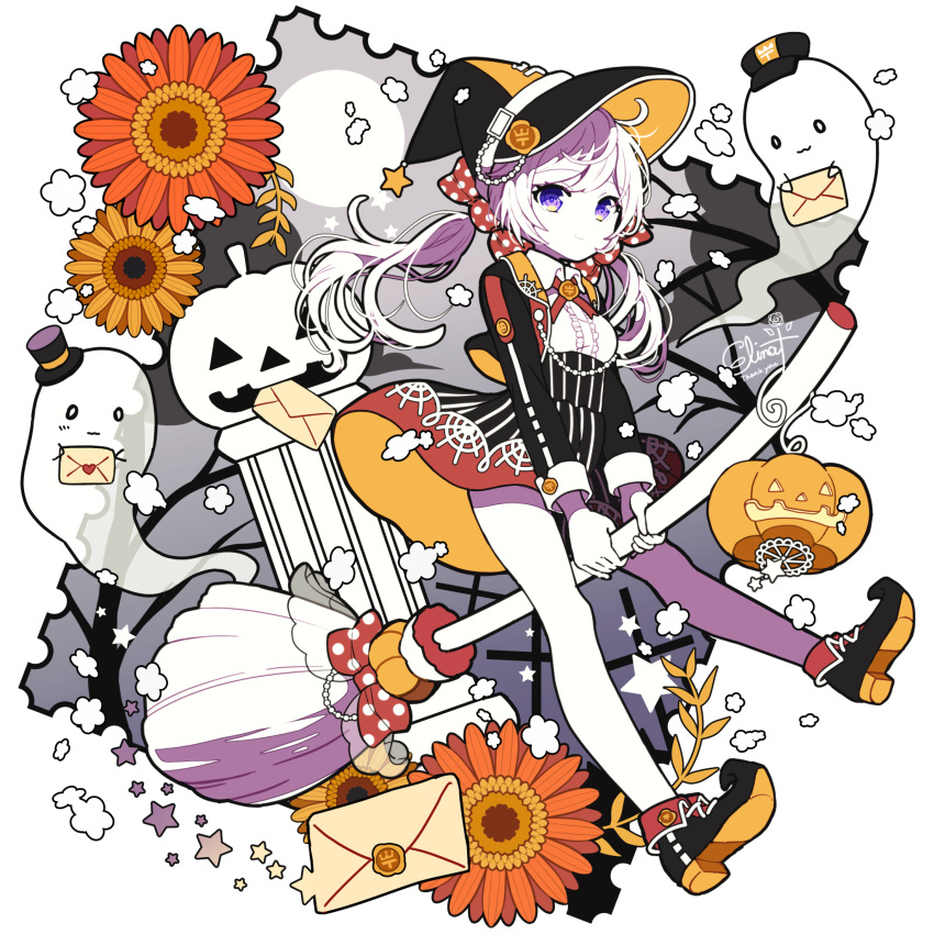 1girl artist_name bare_legs black_dress black_footwear black_headwear bow broom broom_riding closed_mouth cloud commentary daisy dress elina_(e2n04n) english_commentary fence flower full_body ghost grey_sky hair_bow halloween hat highres holding holding_letter letter light_smile long_hair long_sleeves looking_at_viewer moon orange_flower original pointed_footwear polka_dot polka_dot_bow postage_stamp pumpkin purple_eyes simple_background sky sleeve_cuffs smile solo star_(symbol) thank_you top_hat tree twintails white_background white_hair witch witch_hat yellow_flower
