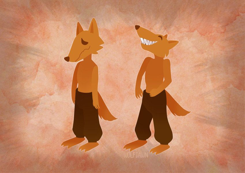 3_toes 4_fingers absurd_res anthro artist_name bottomwear brown_bottomwear brown_clothing brown_pants canid canine canis clothed clothing coyote eyes_closed feet fingers from_felidae fur grin happy hi_res male mammal nan_quest orange_body orange_fur pants pants_only sad santiago_(nq) sharp_teeth smile snout solo standing tail teeth three-quarter_view toes