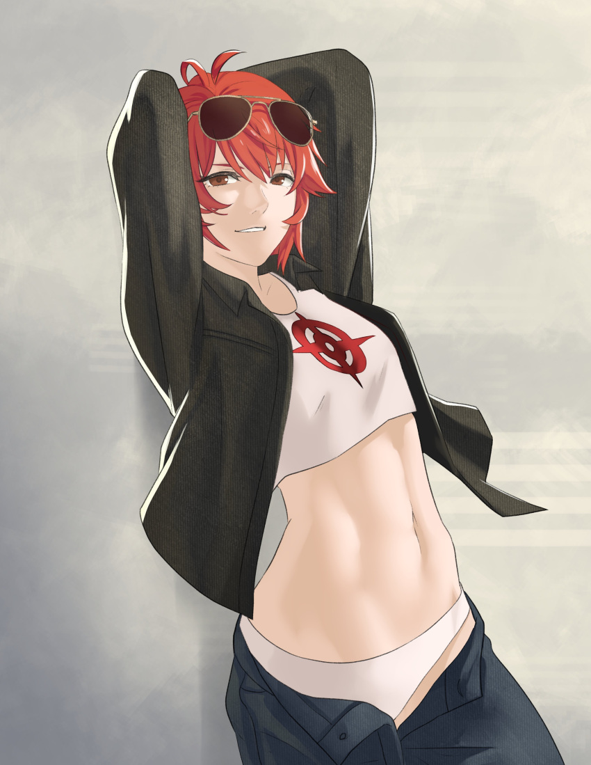 1girl absurdres alternate_costume alternate_universe arms_behind_head brown_eyes eyewear_on_head fire_emblem fire_emblem_fates grin highres hinoka_(fire_emblem) jacket long_sleeves looking_at_viewer midriff navel panties pants pomelomelon red_hair short_hair smile solo sunglasses tank_top underwear white_panties