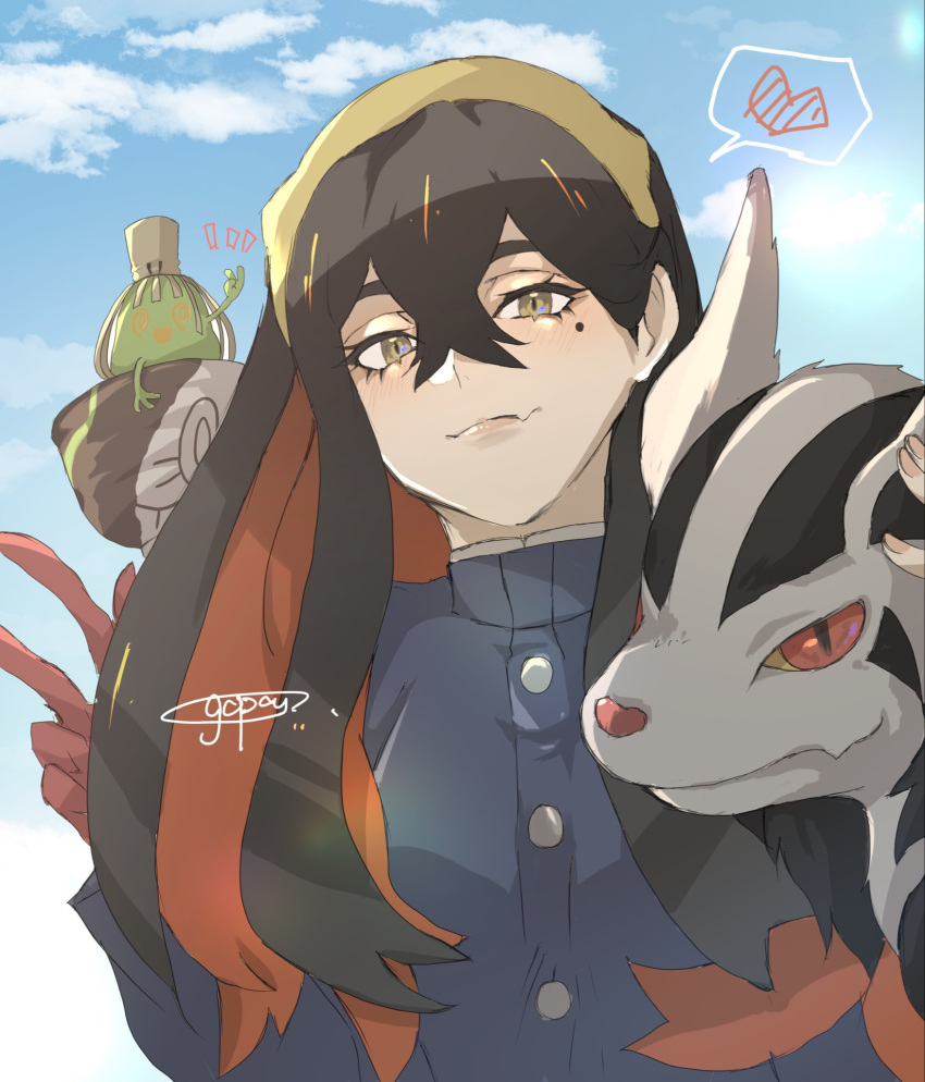 1girl black_hair blue_gakuran blue_sky buttons carmine_(pokemon) colored_inner_hair crossed_bangs eyelashes gloves gopan_(pkghnman) hair_between_eyes hairband heart highres long_hair long_sleeves mightyena mole mole_under_eye multicolored_hair pokemon pokemon_(creature) pokemon_sv poltchageist red_eyes red_gloves red_hair single_glove sky smile spoken_heart swirl two-tone_hair v yellow_eyes yellow_hairband yellow_headwear