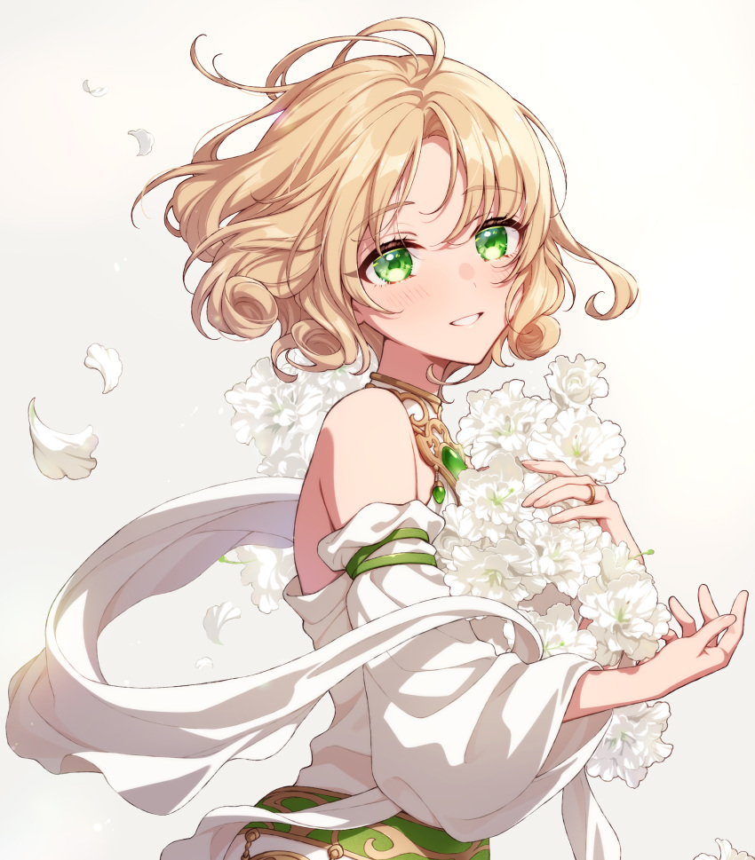 1girl absurdres antenna_hair bare_shoulders blonde_hair commentary_request detached_sleeves falling_petals flower gem green_brooch green_eyes green_gemstone highres holding holding_flower hououji_fuu jewelry light_blush long_sleeves looking_at_viewer magic_knight_rayearth masami_(souzou_jinsei_sanka) parted_bangs petals ring shawl shirt short_hair simple_background sleeveless sleeveless_shirt smile solo upper_body white_background white_flower white_petals white_shawl white_shirt