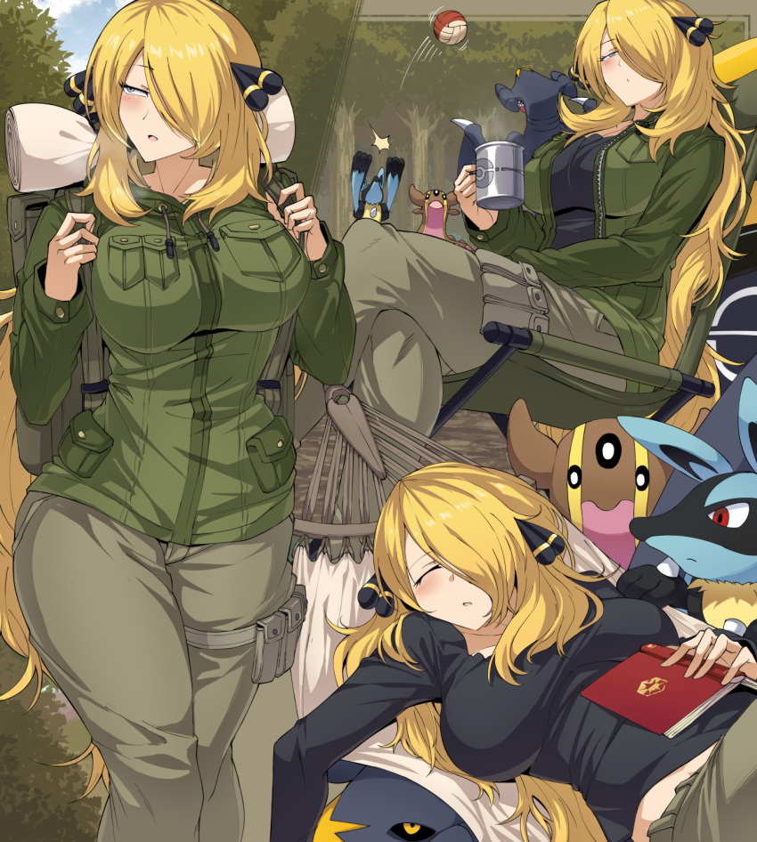 1girl backpack bag ball black_shirt blonde_hair book breasts camping chair cup cynthia_(pokemon) forest garchomp gastrodon green_jacket grey_eyes hair_over_one_eye highres holding holding_cup jacket large_breasts long_hair lucario multiple_views nature pants parted_lips pokemon pokemon_(creature) pokemon_dppt shimure_(460) shirt sleeping very_long_hair