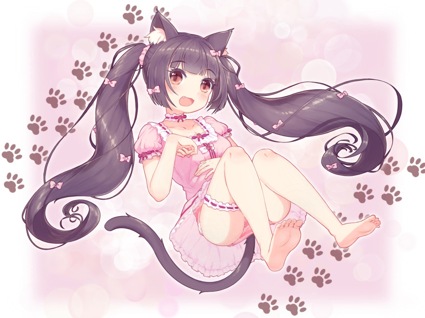 1girl :3 :d animal_ear_fluff animal_ears barefoot bi_neko706 blunt_bangs blunt_ends blurry blurry_background blush border bow brown_eyes brown_hair cat_ears cat_girl cat_tail chocola_(nekopara) choker colored_eyelashes commentary_request fang feet floating_hair frilled_choker frills full_body hair_bow hand_on_own_stomach hand_up happy highres knees_together_feet_apart knees_up long_hair looking_at_viewer lying nekopara on_back open_mouth pajamas panties paw_print pink_background pink_bow pink_pajamas pink_panties puffy_short_sleeves puffy_sleeves red_ribbon ribbon ribbon-trimmed_sleeves ribbon_trim short_sleeves simple_background smile soles solo striped striped_panties tail thigh_strap thighs toes twintails underwear very_long_hair white_border