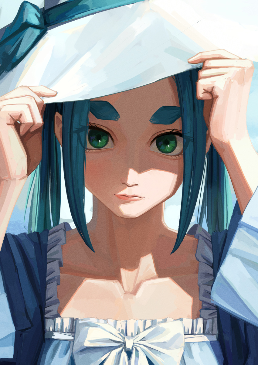 1girl absurdres aqua_hair blue_dress closed_mouth day dress green_eyes hat hat_ribbon highres holding holding_clothes holding_hat long_hair looking_at_viewer monogatari_(series) nemo_ringo ononoki_yotsugi outdoors ribbon solo sun_hat thick_eyebrows twintails white_headwear