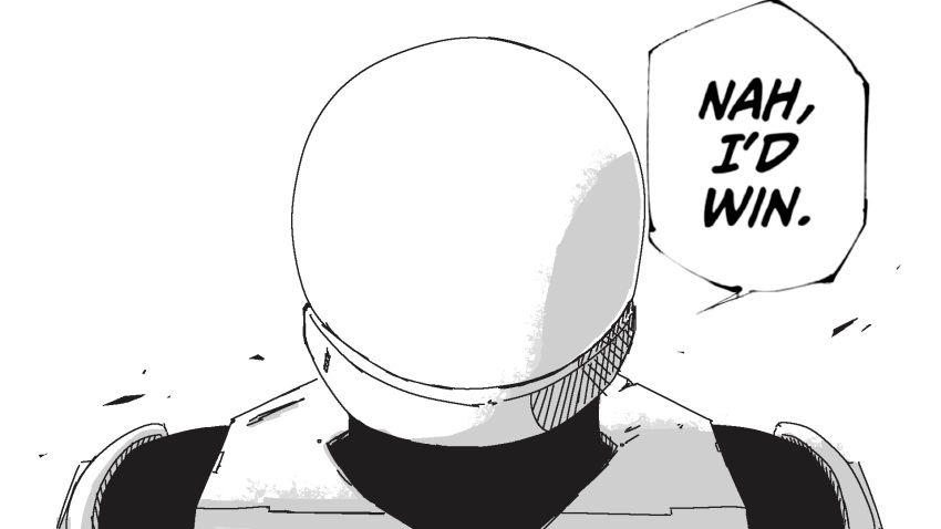 1other 747shove armor astronaut commando_(risk_of_rain) commentary english_commentary english_text greyscale helmet highres jujutsu_kaisen meme monochrome nah_i'd_win_(meme) other_focus risk_of_rain solo space_helmet upper_body