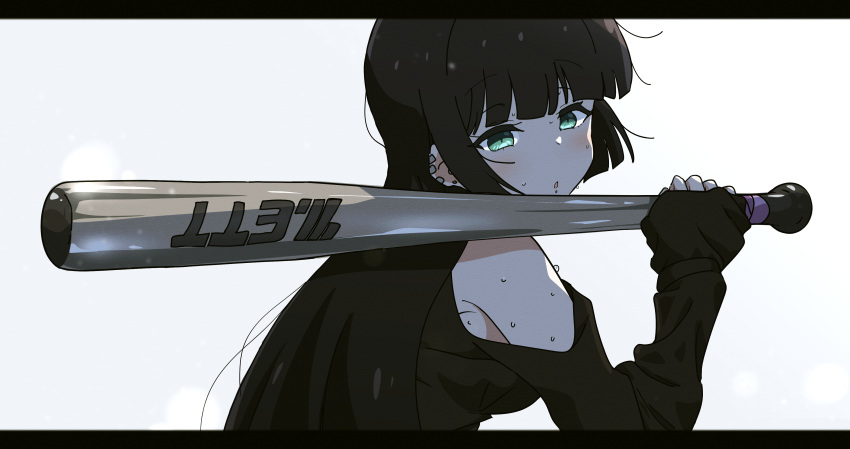 1girl absurdres aqua_eyes baseball_bat black_dress black_hair bocchi_the_rock! dress ear_piercing from_side goumonsha highres hime_cut letterboxed long_hair long_sleeves looking_at_viewer looking_to_the_side pa-san piercing simple_background sleeves_past_wrists solo sweat upper_body white_background