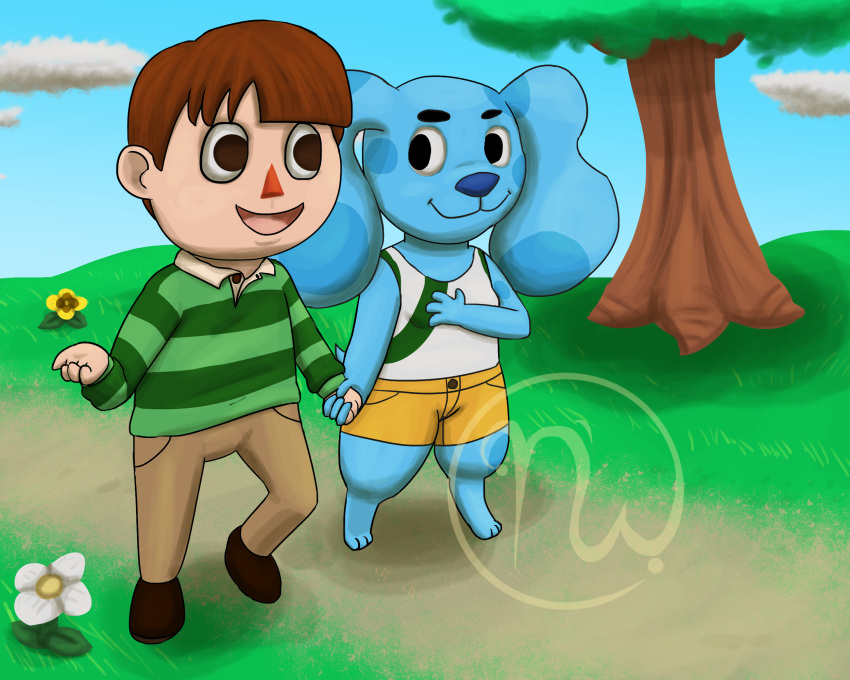 2019 3_toes 4_fingers animal_crossing anthro artist_logo barefoot blue's_clues blue_(blue's_clues) blue_body blue_fur blue_nose blue_sky bottomwear brown_clothing brown_eyes brown_footwear brown_hair brown_shoes button_(fastener) canid canine canis clothed clothing cloud crossover day digital_drawing_(artwork) digital_media_(artwork) dirt_path domestic_dog dress_shirt duo eye_contact eyebrows feet female fingers flower fluffy fluffy_ears footwear fur grass green_clothing green_shirt green_tank_top green_topwear hair hand_holding hand_on_chest hi_res human interspecies leaf logo long_sleeves looking_at_another male male/female mammal multicolored_clothing multicolored_shirt multicolored_tank_top multicolored_topwear nickelodeon nintendo no_pupils open_mouth orange_bottomwear orange_clothing orange_shorts pants path pattern_clothing paws pink_tongue plant pockets raised_foot red_nose shirt shoes short_hair shorts sky skywater smile smiling_at_each_other smiling_at_partner spots spotted_body spotted_fur steve_(blue's_clues) striped_clothing stripes tail tan_body tan_skin tank_top thick_thighs toes tongue topwear tree triangle_nose undone_shirt white_clothing white_flower white_shirt white_tank_top white_topwear wide_hips yellow_flower