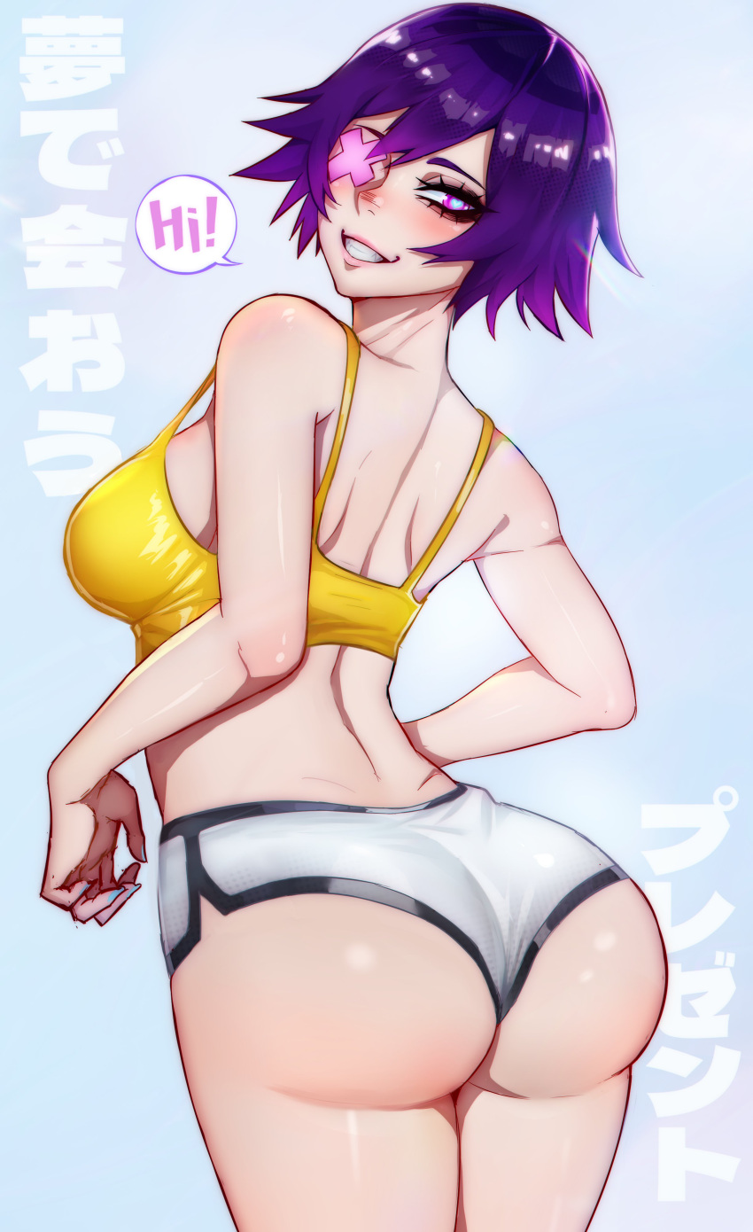 1girl absurdres ass back black_crowser blush breasts crop_top eyepatch heart heart-shaped_pupils highres large_breasts original purple_eyes purple_hair shorts solo symbol-shaped_pupils tank_top white_shorts yellow_tank_top