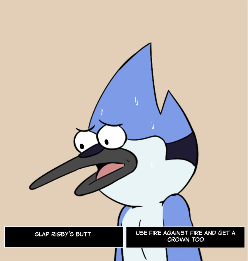 2023 anthro avian beak bird blue_body blue_feathers bodily_fluids cartoon_network english_text feathers hi_res humor inside jinasault looking_down male mordecai_(regular_show) open_mouth regular_show shocked shocked_expression simple_background solo speech_bubble sweat sweatdrop tan_background text worried worried_look