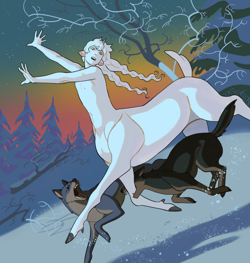 1boy absurdres arms_up biting braid centaur colored_skin fantasy fleeing forest highres horns hunting long_hair nature open_mouth orange_eyes original outdoors pine_tree running sarakipin single_horn snow taur tree twin_braids unicorn_horn white_hair white_skin winter wolf