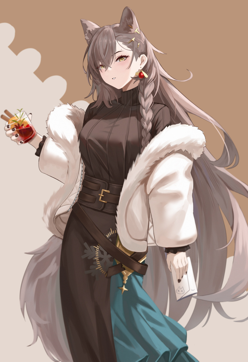 1girl absurdres amam_(64943468) animal_ears arknights braid brown_eyes brown_hair cup dress drinking_glass earrings fur-trimmed_jacket fur_trim highres holding holding_cup jacket jewelry long_dress long_hair mole_on_forehead penance_(arknights) penance_(occasionally_flushed)_(arknights) ribbed_sweater side_braid sweater tail wolf_ears wolf_tail
