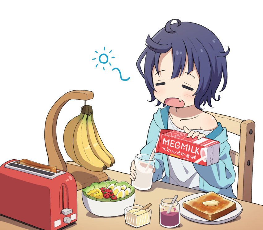 1girl ahoge banana blue_hair blue_jacket bread bread_slice butter chair cherry_tomato closed_eyes collarbone commentary_request cup facing_viewer fang flat_chest food fruit glass gochuumon_wa_usagi_desu_ka? hardboiled_egg holding holding_cup hood hooded_jacket jacket jam jar jouga_maya messy_hair milk milk_carton mohei off_shoulder open_mouth pouring salad shirt simple_background single_bare_shoulder sitting skin_fang solo sun table toast toaster tomato upper_body white_background white_shirt wooden_chair wooden_table yawning