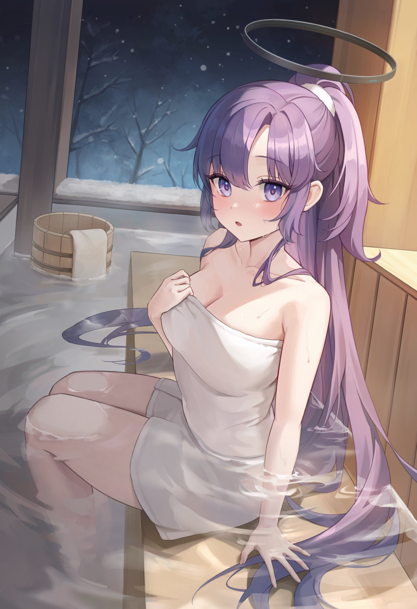 1girl absurdres bare_arms bare_shoulders bare_tree black_halo blue_archive blush breasts bucket cleavage commentary feet_out_of_frame halo hand_on_own_chest high_ponytail highres long_hair looking_at_viewer mechanical_halo medium_breasts miho_(mymiho) naked_towel night onsen parted_bangs parted_lips partially_submerged purple_eyes purple_hair red_pupils scrunchie sitting snowing solo thighs towel tree very_long_hair wet yuuka_(blue_archive)