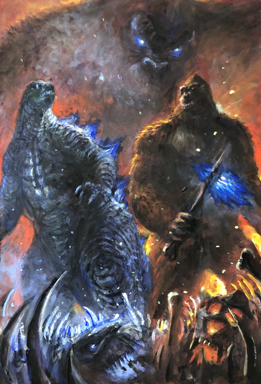 absurdres animal ape axe battle bioluminescence character_request claws crossover destruction fangs g.n.a giant giant_monster glowing glowing_eyes godzilla godzilla:_king_of_the_monsters godzilla_(monsterverse) godzilla_(series) godzilla_vs._kong godzilla_x_kong_:_the_new_empire gorilla highres holding holding_axe holding_weapon kaijuu king_kong king_kong_(series) kong:_skull_island kong_(monsterverse) long_tail monster monsterverse muscular no_humans oversized_animal scales sharp_teeth skar_king strong tail teeth weapon