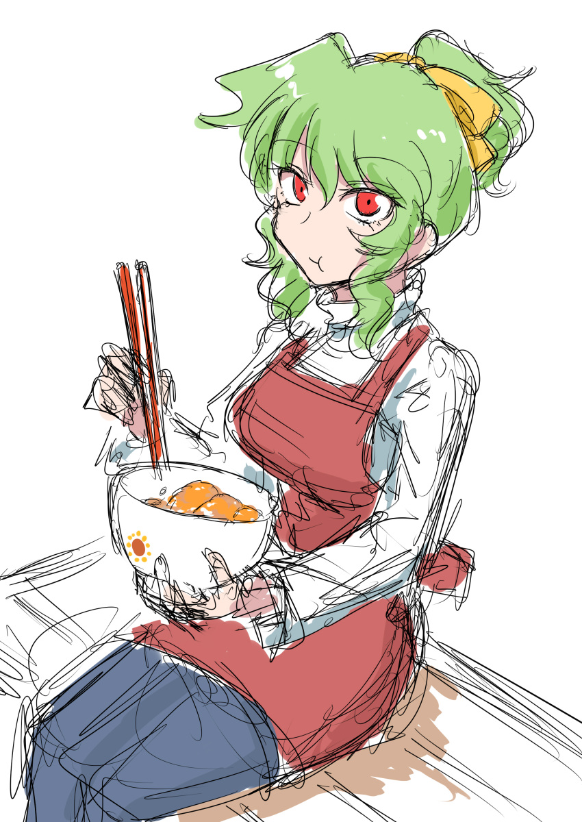 1girl absurdres apron bowl burijittou chopsticks eating food green_hair highres kazami_yuuka looking_at_viewer red_apron red_eyes shirt solo touhou white_shirt