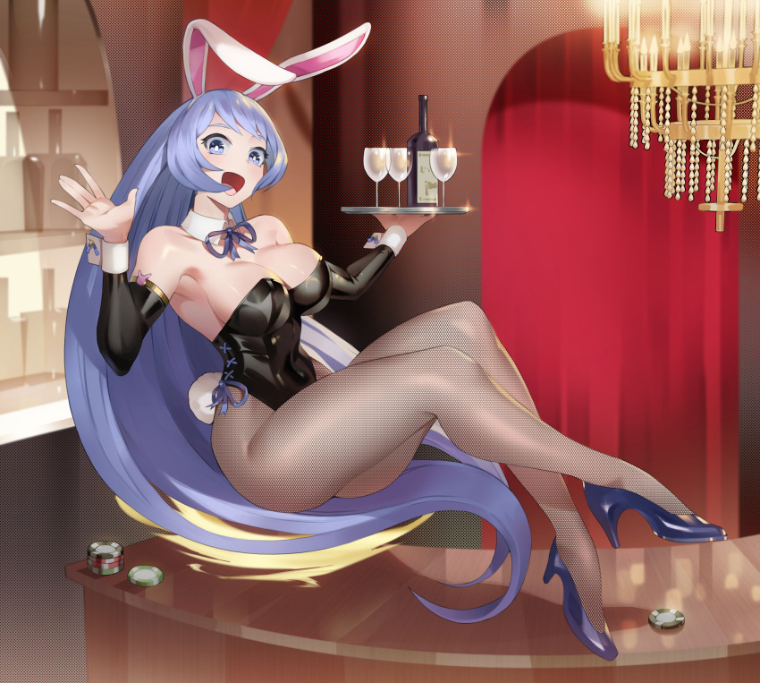 1girl :d absurdres animal_ears bar_(place) bare_shoulders black_leotard black_sleeves blue_eyes blue_footwear blue_hair blue_ribbon boku_no_hero_academia bottle breasts chandelier cleavage commentary commission covered_navel cup detached_collar detached_sleeves drinking_glass english_commentary fake_animal_ears fake_tail fine_fabric_emphasis floating full_body hadou_nejire high_heels highleg highleg_leotard highres holding holding_tray koyap large_breasts leotard long_hair looking_at_viewer open_mouth pantyhose playboy_bunny poker_chip rabbit_ears rabbit_girl rabbit_tail ribbon smile solo strapless strapless_leotard swept_bangs table tail thick_thighs thighs toned tray very_long_hair wine_bottle wrist_cuffs