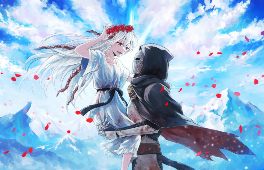 1boy 1girl black_cloak blue_sky carrying carrying_person cloak cloud commentary_request ender_lilies_quietus_of_the_knights floating_hair flower flower_wreath full_body head_wreath hood hooded_cloak knight lily_(ender_lilies) long_hair looking_at_another mountain outdoors petals red_eyes red_flower sky smile sorakaze_(mire) tendril umbral_knight_(ender_lilies) white_hair wind