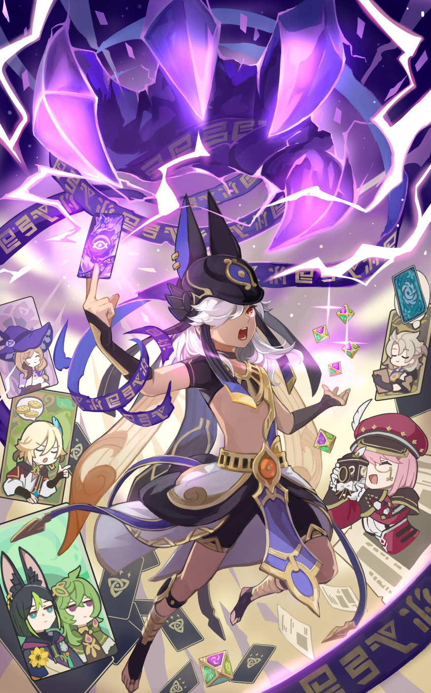 3girls 4boys absurdres animal_ear_fluff animal_ears animal_hat arie_game black_choker black_hair black_headwear blonde_hair brown_hair camera card charlotte_(genshin_impact) choker closed_eyes closed_mouth collei_(genshin_impact) cyno_(genshin_impact) dark-skinned_male dark_skin electricity fox_boy fox_ears genius_invokation_tcg genshin_impact gloves green_hair hat hat_feather highres holding holding_camera kaveh_(genshin_impact) lisa_(genshin_impact) long_hair monochrome multiple_boys multiple_girls newspaper open_mouth paper purple_headwear red_eyes red_headwear sparkle tighnari_(genshin_impact) white_gloves white_hair