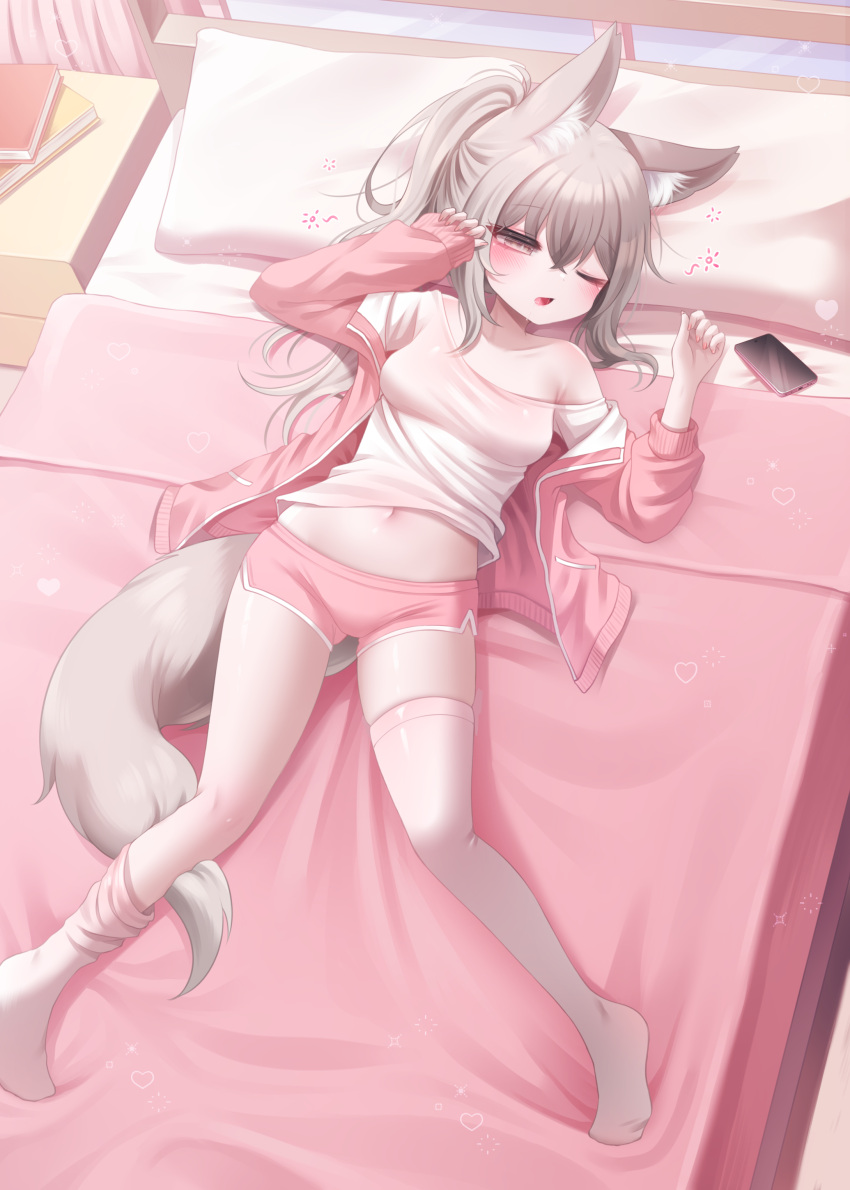 1girl absurdres animal_ear_fluff animal_ears bed book breasts cellphone clothes_lift commission dolphin_shorts drooling fox_ears fox_girl fox_tail grey_hair head_on_pillow highres honyang jacket long_hair long_sleeves lying navel on_back on_bed one_eye_closed open_clothes open_jacket open_mouth original phone pillow pink_jacket pink_shorts ponytail saliva shirt shirt_lift shorts sleepy smartphone stomach tail thighhighs white_shirt