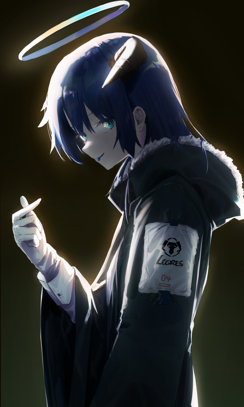 1girl :p absurdres aqua_eyes arknights black_coat black_horns blue_hair coat dark_background finger_heart fur-trimmed_coat fur_trim gloves halo highres horns long_sleeves looking_at_viewer mostima_(arknights) nonoa patch shoulder_patch simple_background smile solo tongue tongue_out upper_body white_gloves