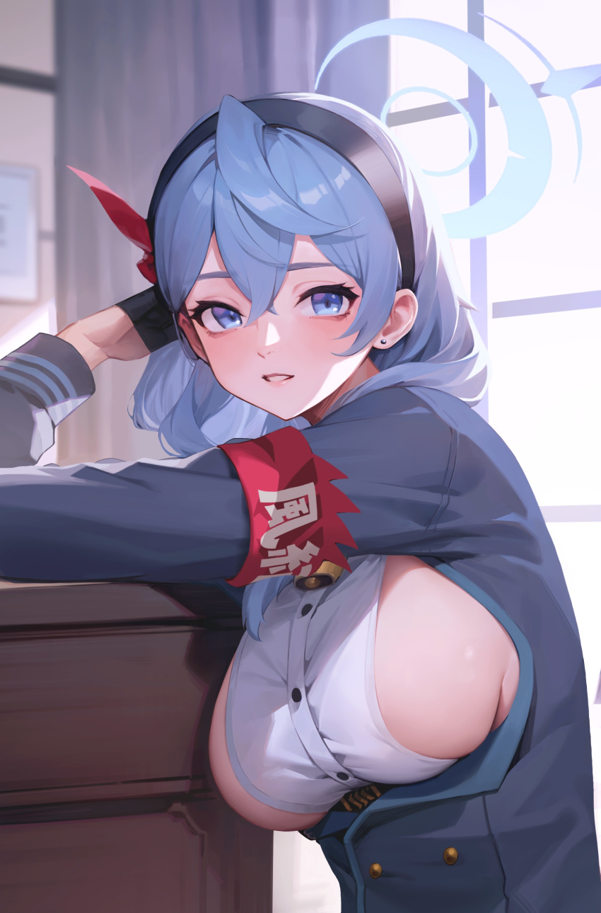 1girl absurdres ako_(blue_archive) blue_archive blue_eyes blue_hair blue_halo blue_jacket breasts buttons double-breasted double-parted_bangs framed_breasts gloves grin hair_between_eyes hair_over_shoulder hairband half_gloves halo highres indoors jacket leaning_on_table leaning_to_the_side long_sleeves medium_breasts sideboob smile solo squidsmith upper_body
