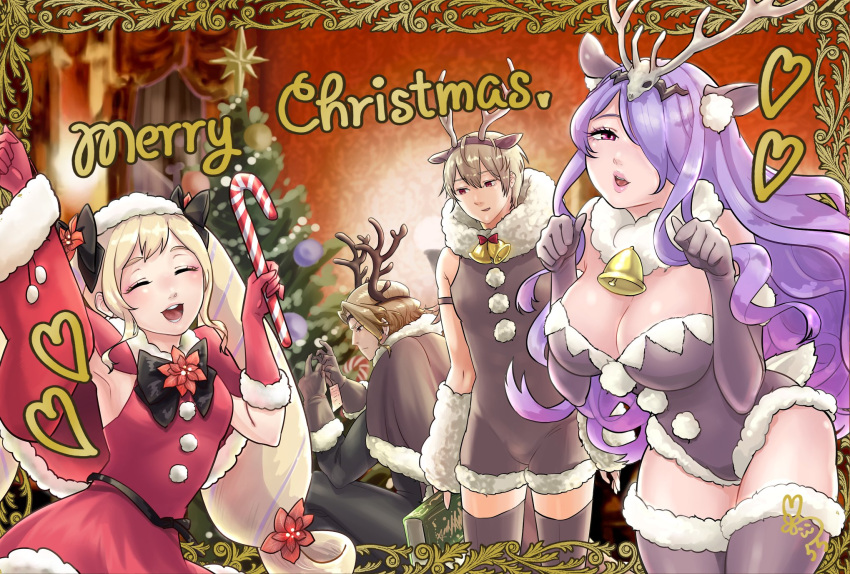 2boys 2girls alternate_costume antlers bell breasts camilla_(fire_emblem) candy candy_cane christmas christmas_ornaments christmas_tree cleavage elise_(fire_emblem) fake_antlers fire_emblem fire_emblem_fates food gift hair_over_one_eye highres large_breasts leo_(fire_emblem) leotard long_hair looking_at_viewer merry_christmas multiple_boys multiple_girls purple_eyes purple_hair reindeer_antlers santa_costume smile strapless strapless_leotard tsulala44_(oi_thanks) very_long_hair wavy_hair xander_(fire_emblem)