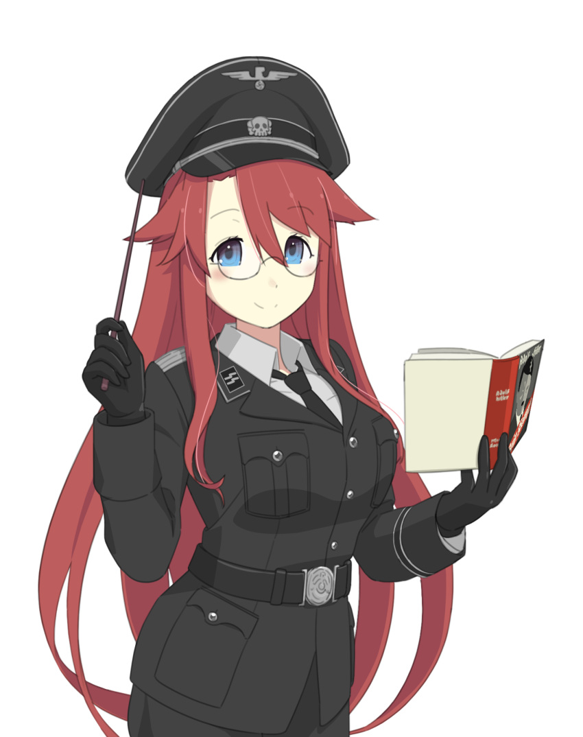 1girl adolf_hitler alternate_costume aty_(summon_night) black_cat03 black_gloves black_headwear black_jacket black_necktie blue_eyes book closed_mouth collared_shirt glasses gloves hat highres holding holding_wand jacket long_hair looking_at_viewer mein_kampf military_uniform nazi necktie open_book peaked_cap red_hair shirt simple_background smile solo ss_insignia summon_night totenkopf uniform waffen-ss wand white_background